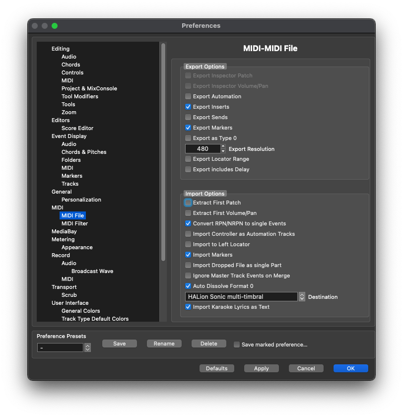 Cubase Preferences > MIDI > MIDI File showing "Ignore Master Track Events on Merge" unchecked