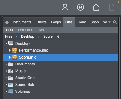 Studio One's Files browser showing Score.mid and Performance.mid